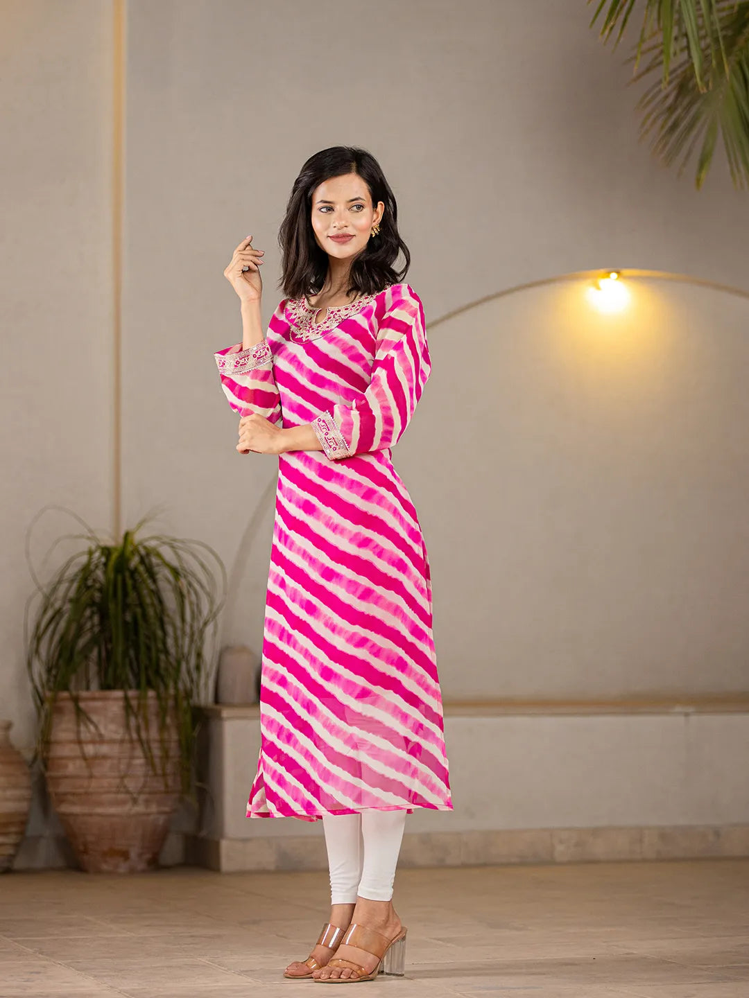 Pink Georgette Lehriya Embroidery Kurta-Yufta Store-1772KURPKS