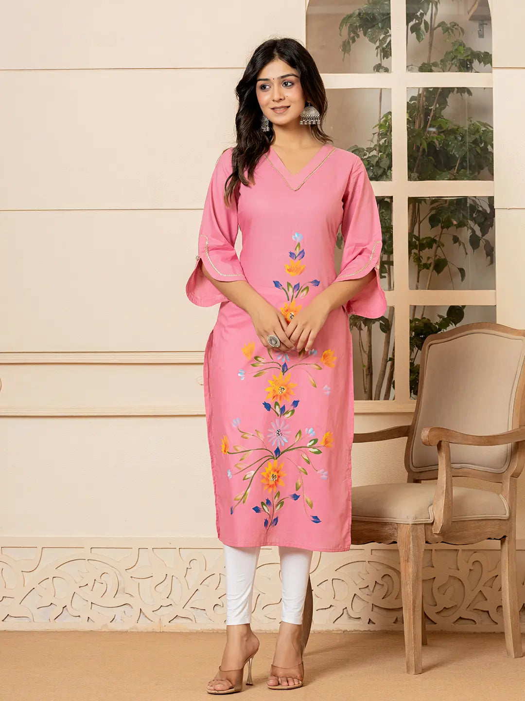 Pink Hand Painted Straight Kurta-Yufta Store-6978KURPKS