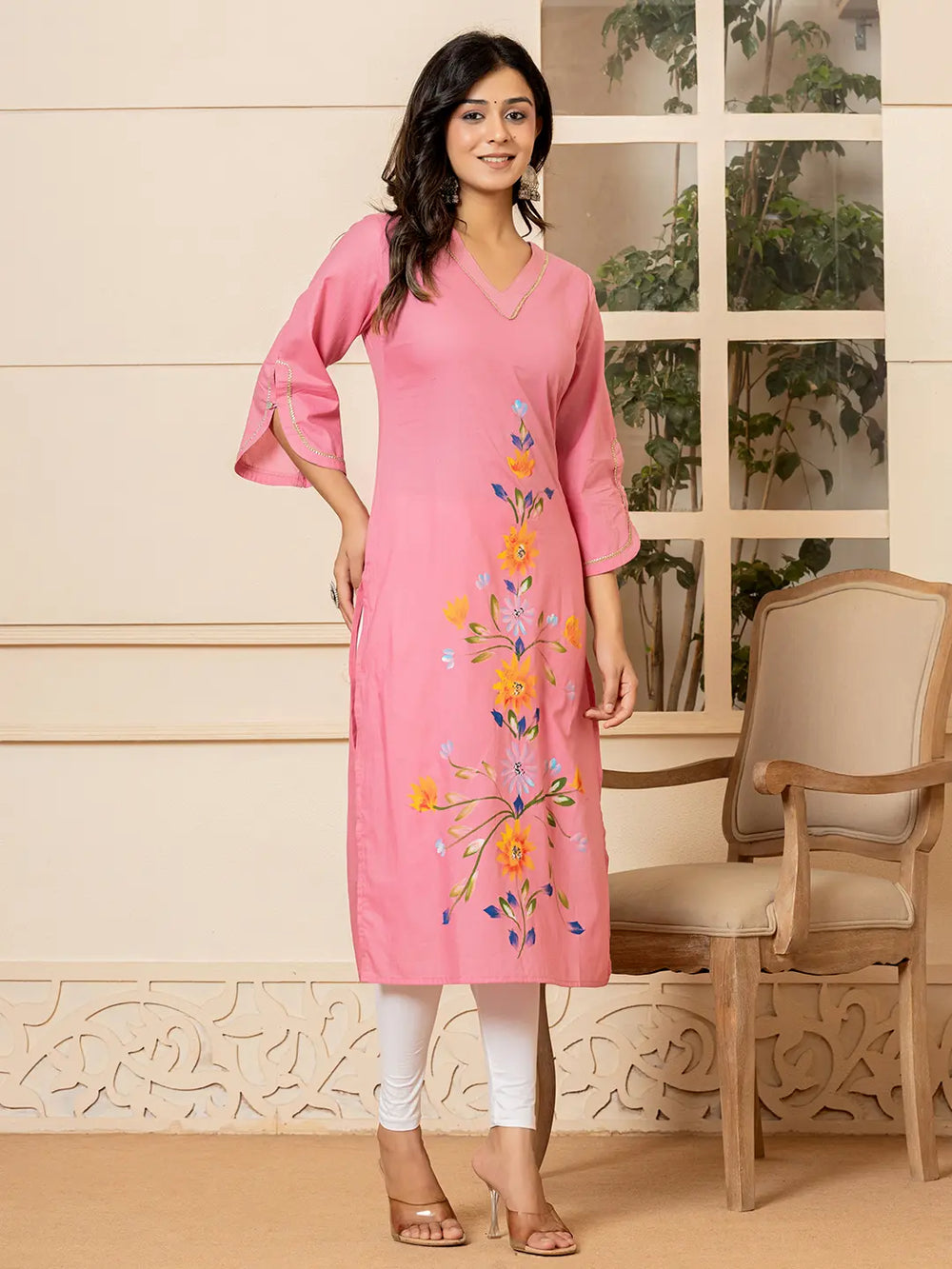 Pink Hand Painted Straight Kurta-Yufta Store-6978KURPKS