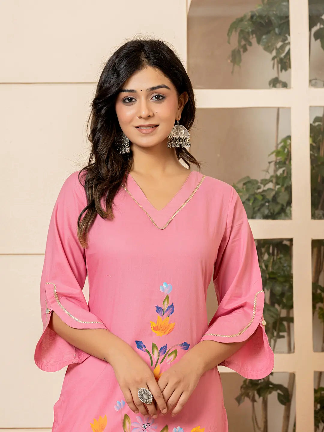 Pink Hand Painted Straight Kurta-Yufta Store-6978KURPKS