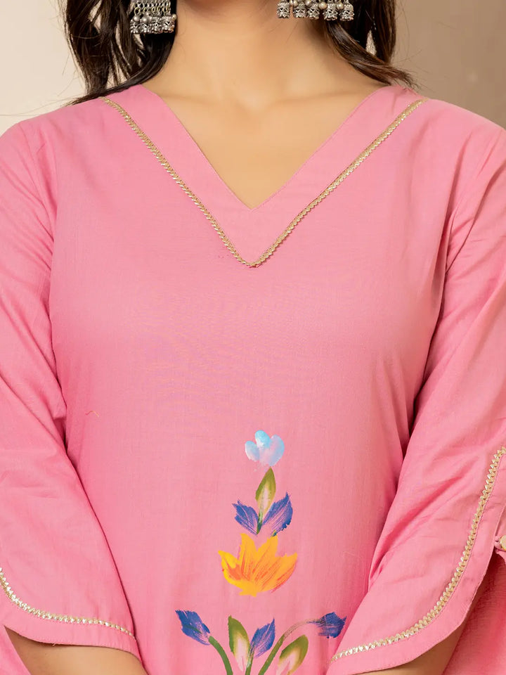 Pink Hand Painted Straight Kurta-Yufta Store-6978KURPKS