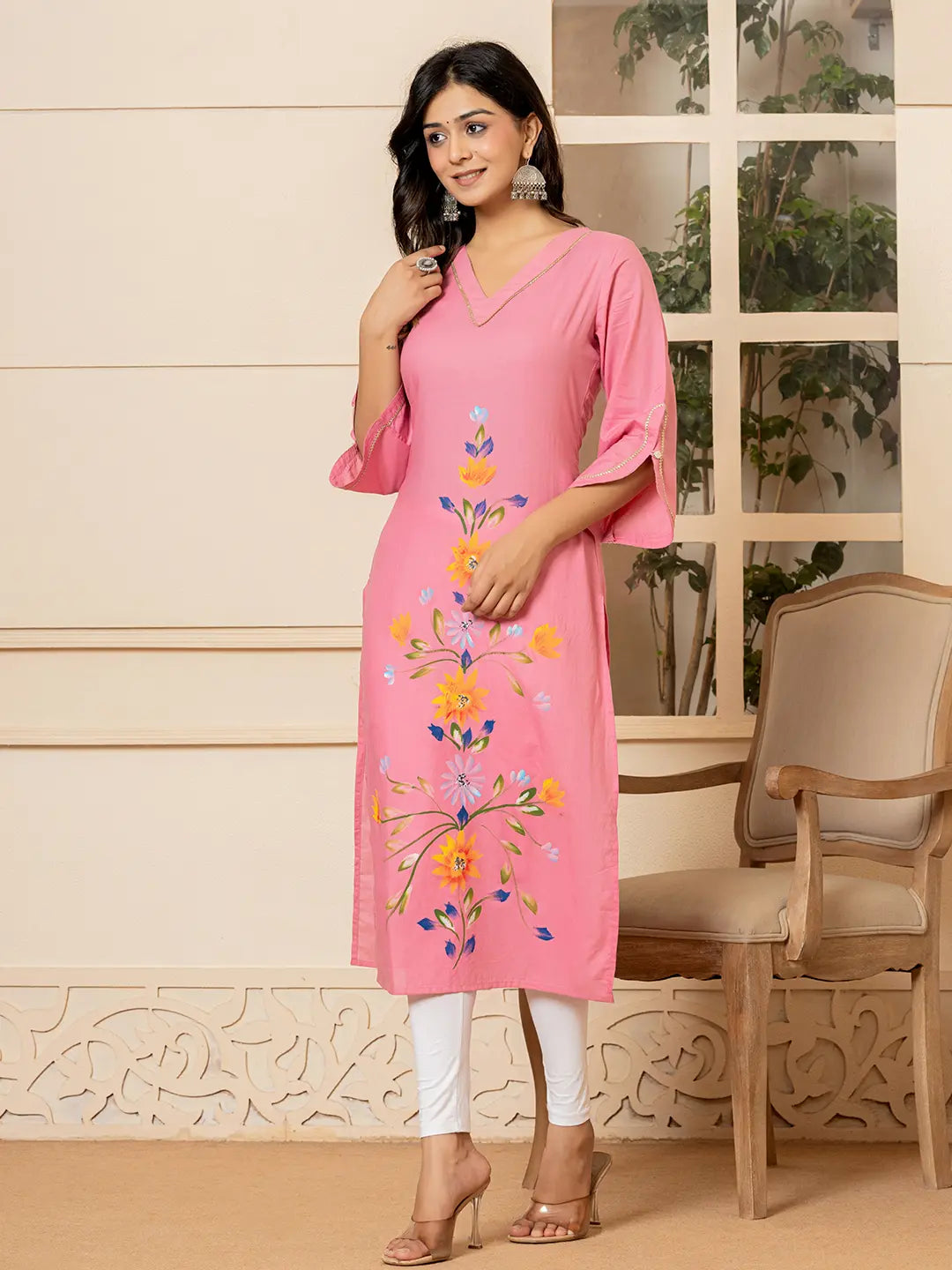 Pink Hand Painted Straight Kurta-Yufta Store-6978KURPKS