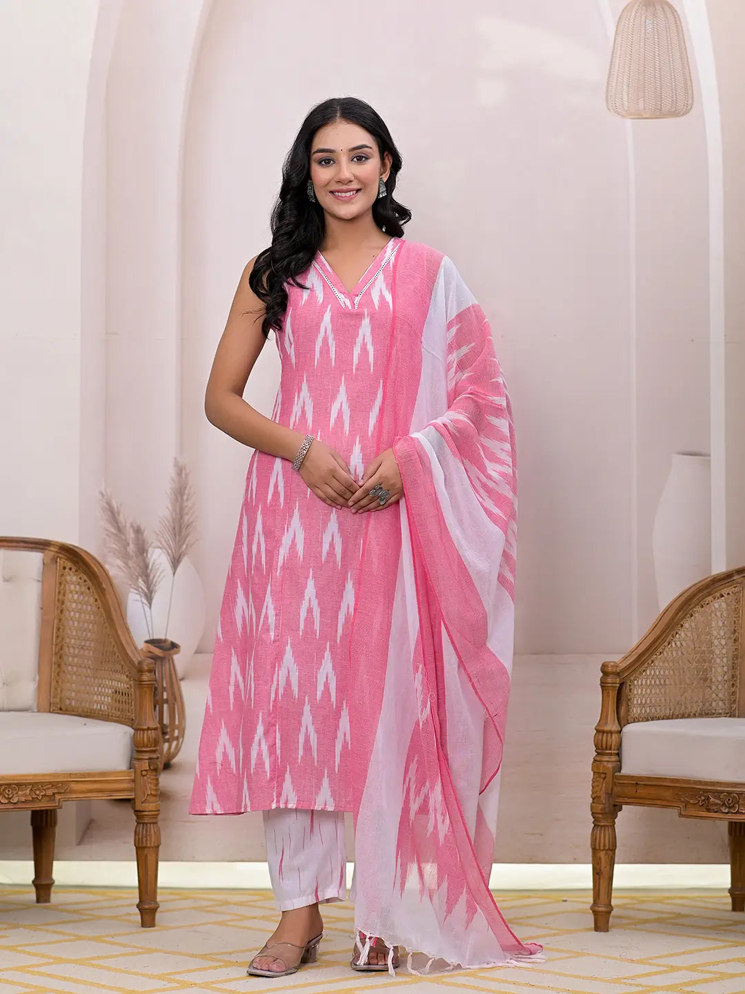 Pink Ikat Print Pure Cotton A Line Suit Set