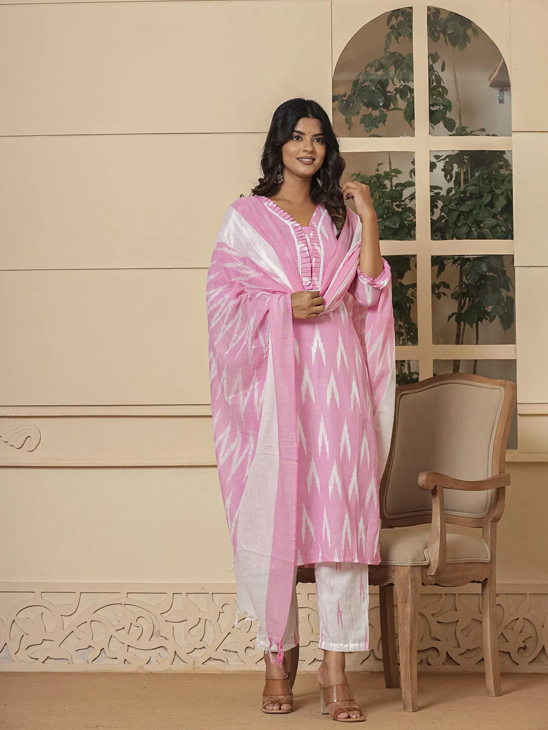 Pink Ikat Print Straight Strappy Kurta Trouser And Dupatta Set-Yufta Store-1893SKDPKS