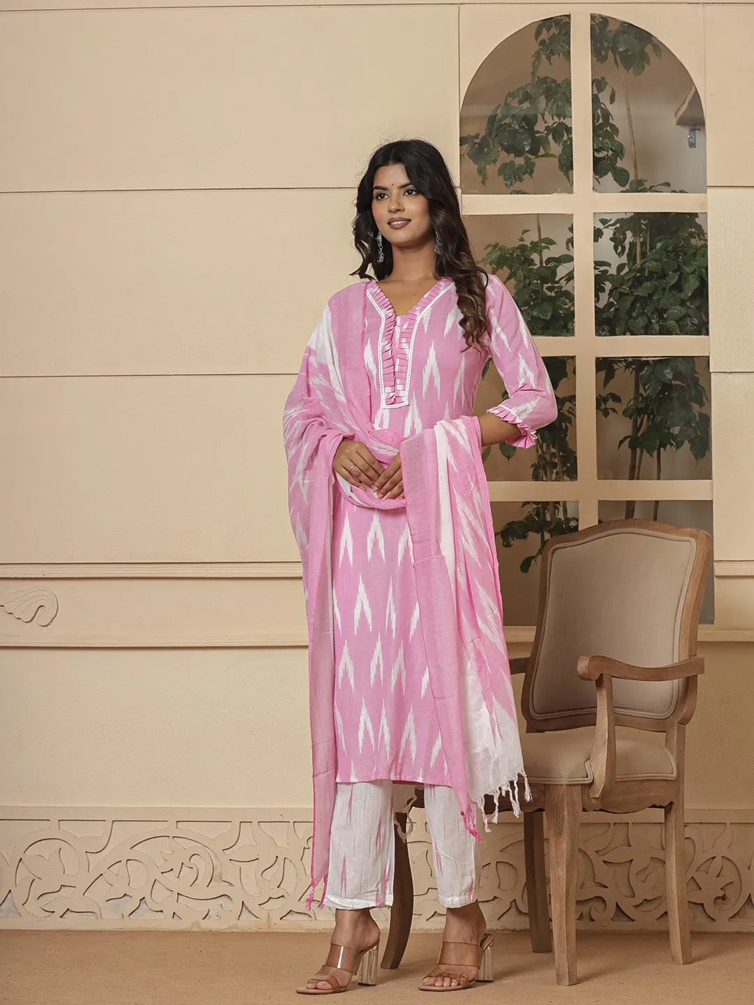 Pink Ikat Print Straight Strappy Kurta Trouser And Dupatta Set-Yufta Store-1893SKDPKS