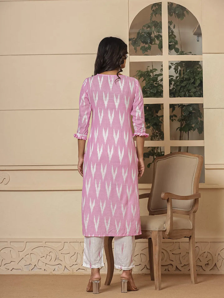 Pink Ikat Print Straight Strappy Kurta Trouser And Dupatta Set-Yufta Store-1893SKDPKS