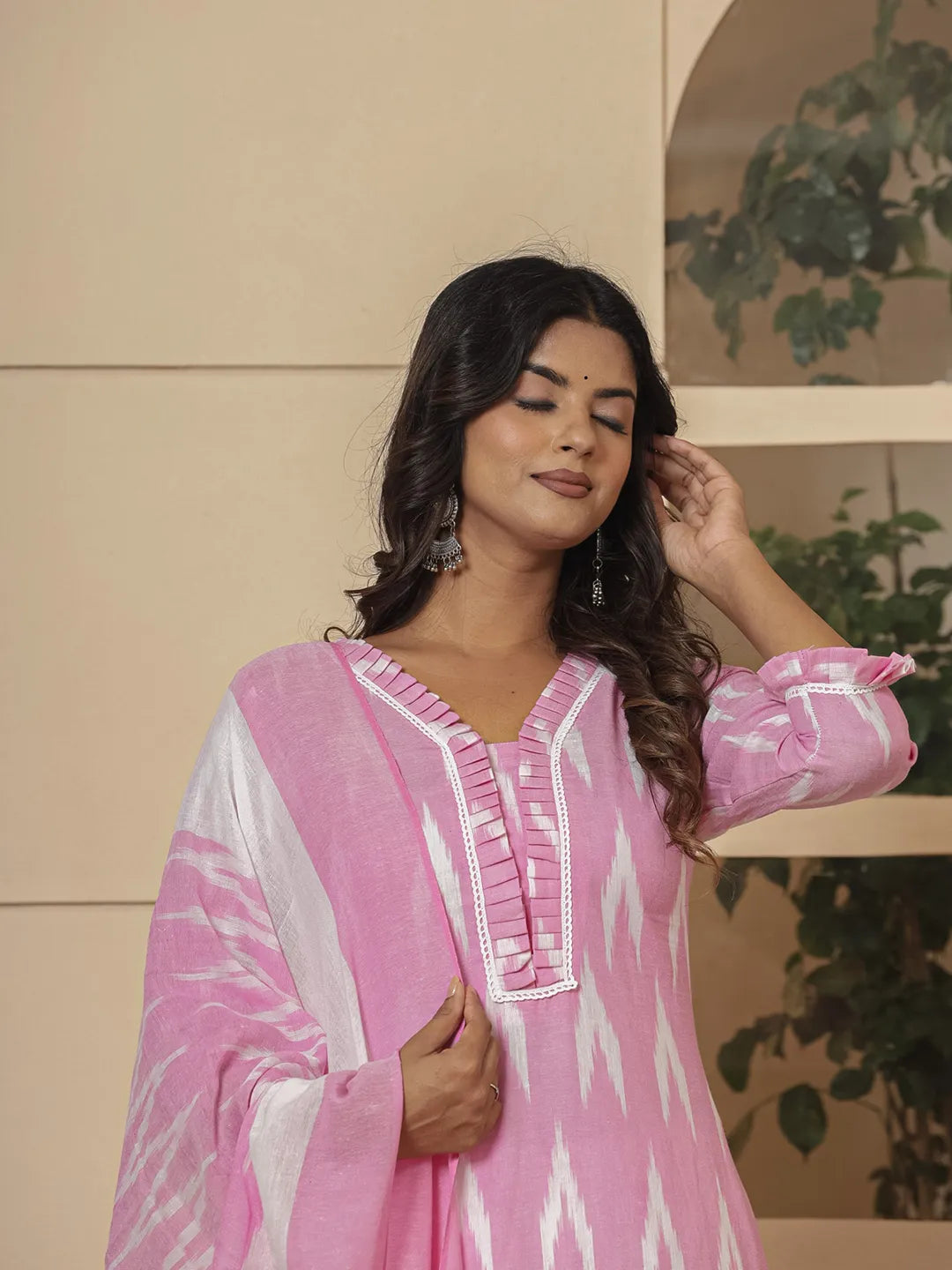 Pink Ikat Print Straight Strappy Kurta Trouser And Dupatta Set-Yufta Store-1893SKDPKS