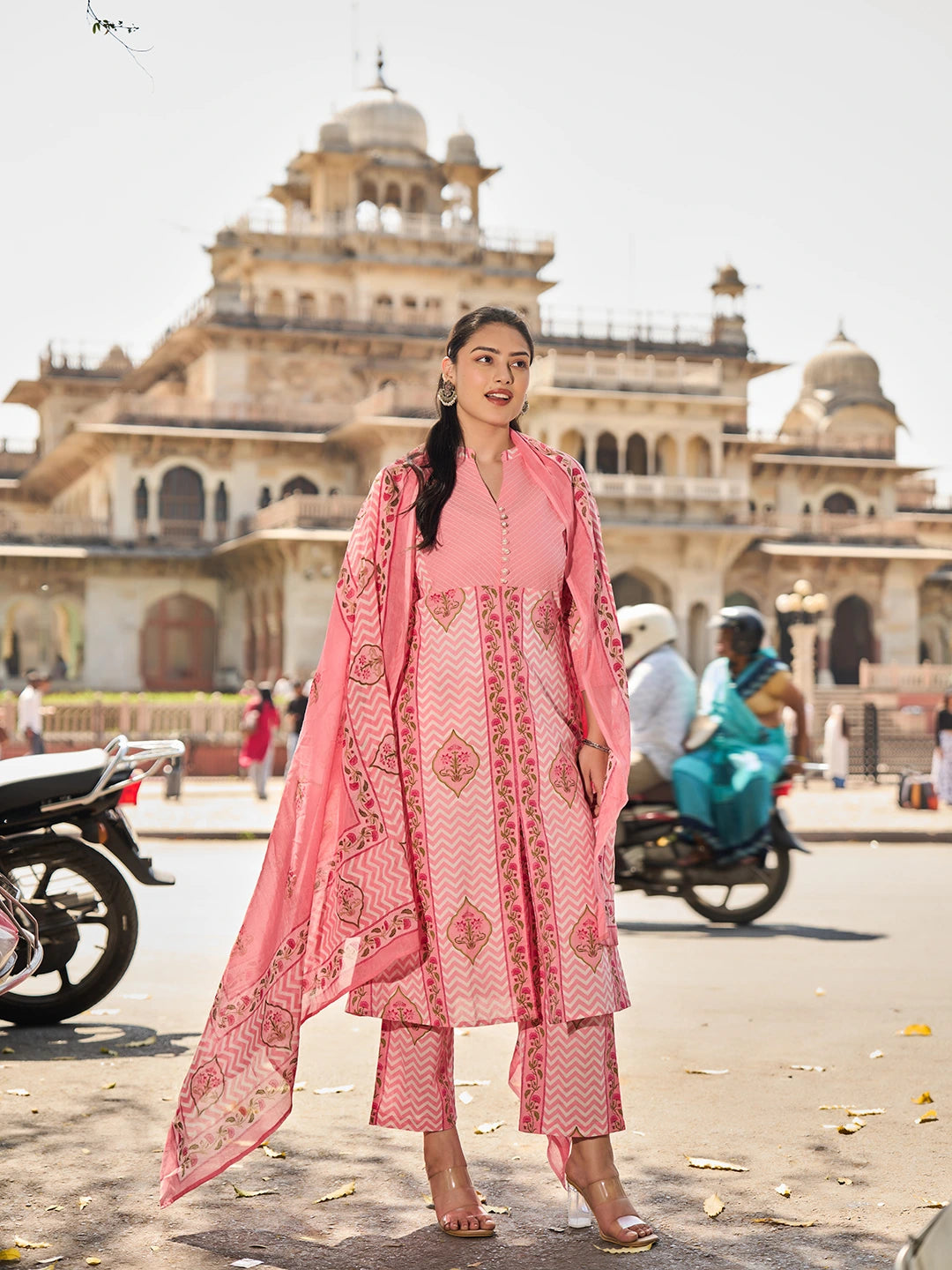 Pink Kantha Work A-Line Kurta Trouser Dupatta Set-Yufta Store-7457SKDPKM