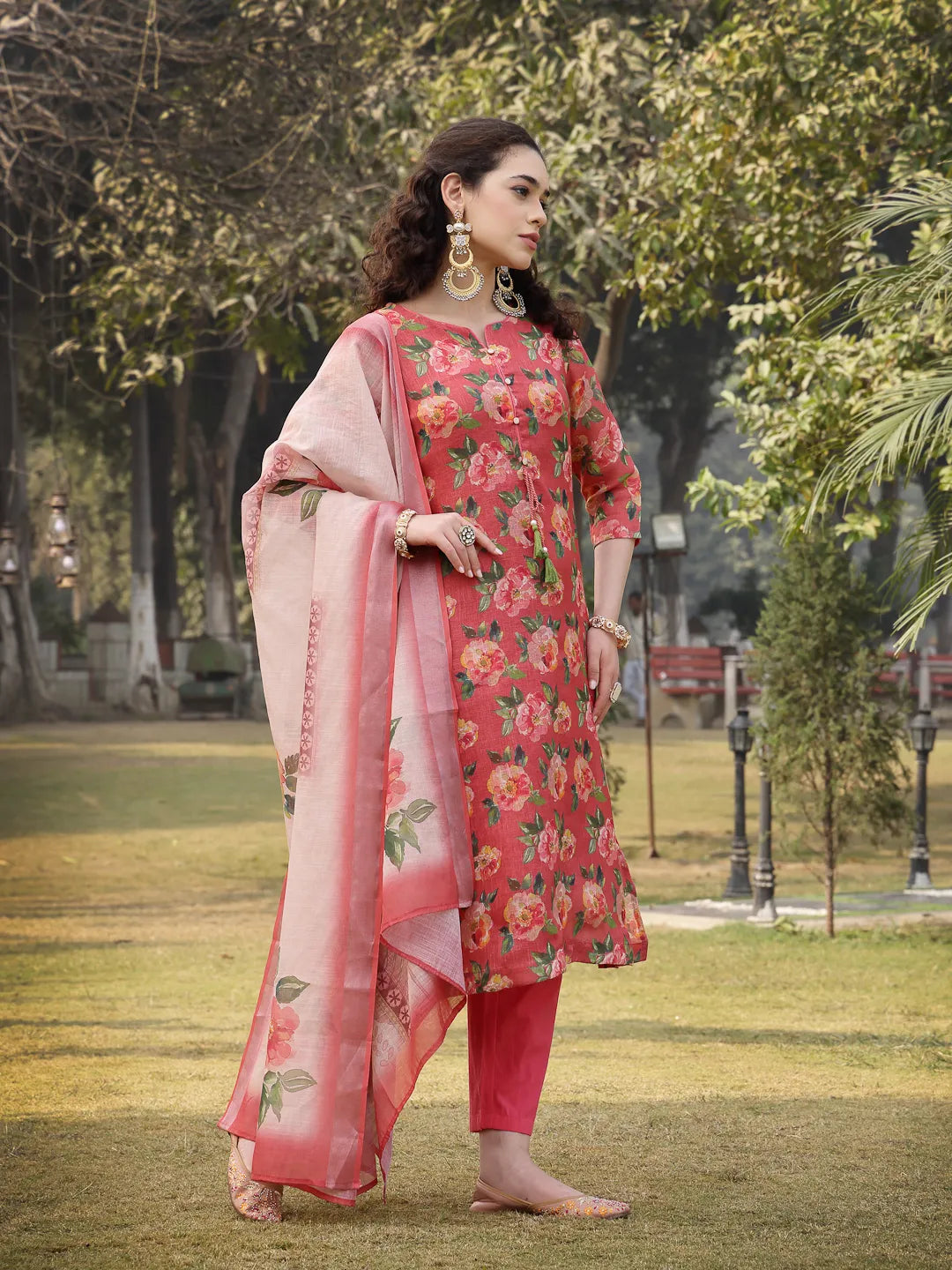 Pink Linen Flared Kurta Trouser Dupatta Set