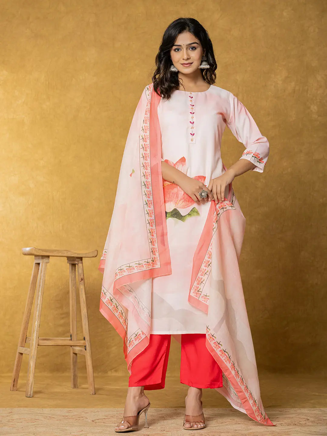 Pink Linen Kurta Dupatta Pant Set-Yufta Store-7314SKDPKS