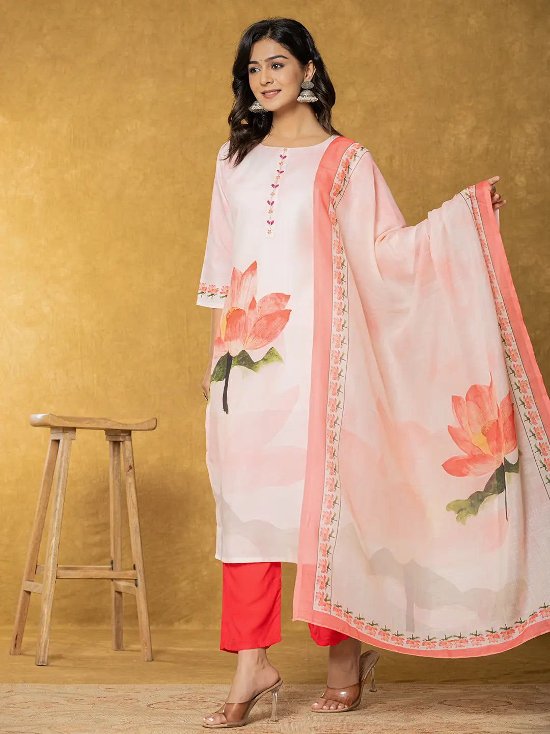 Pink Linen Kurta Dupatta Pant Set-Yufta Store-7314SKDPKS