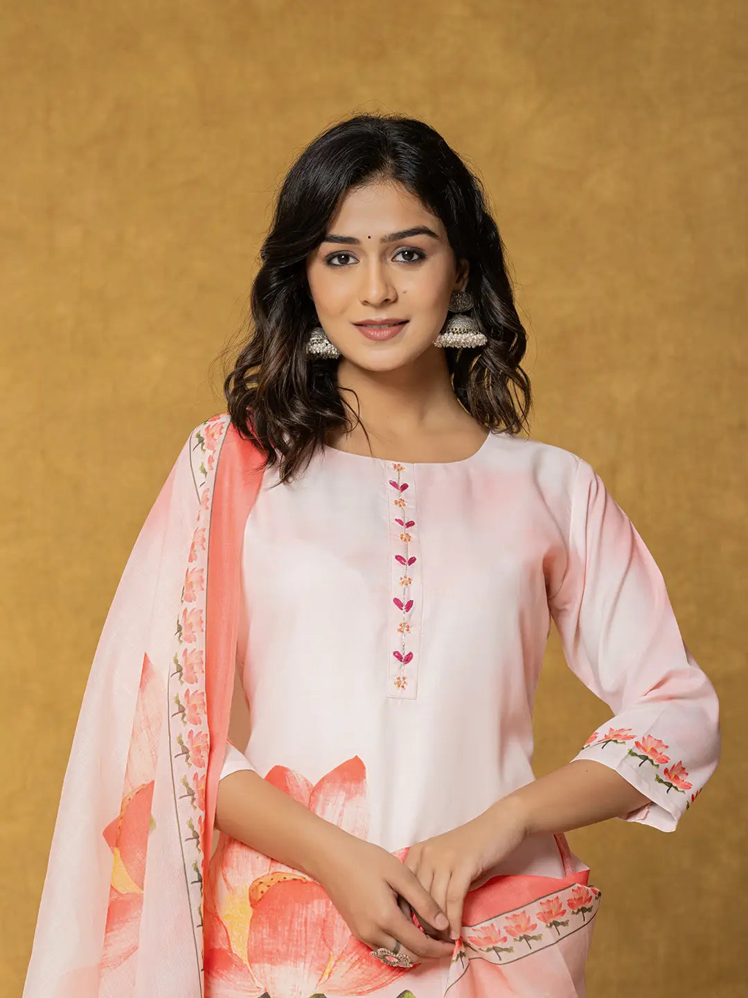 Pink Linen Kurta Dupatta Pant Set-Yufta Store-7314SKDPKS