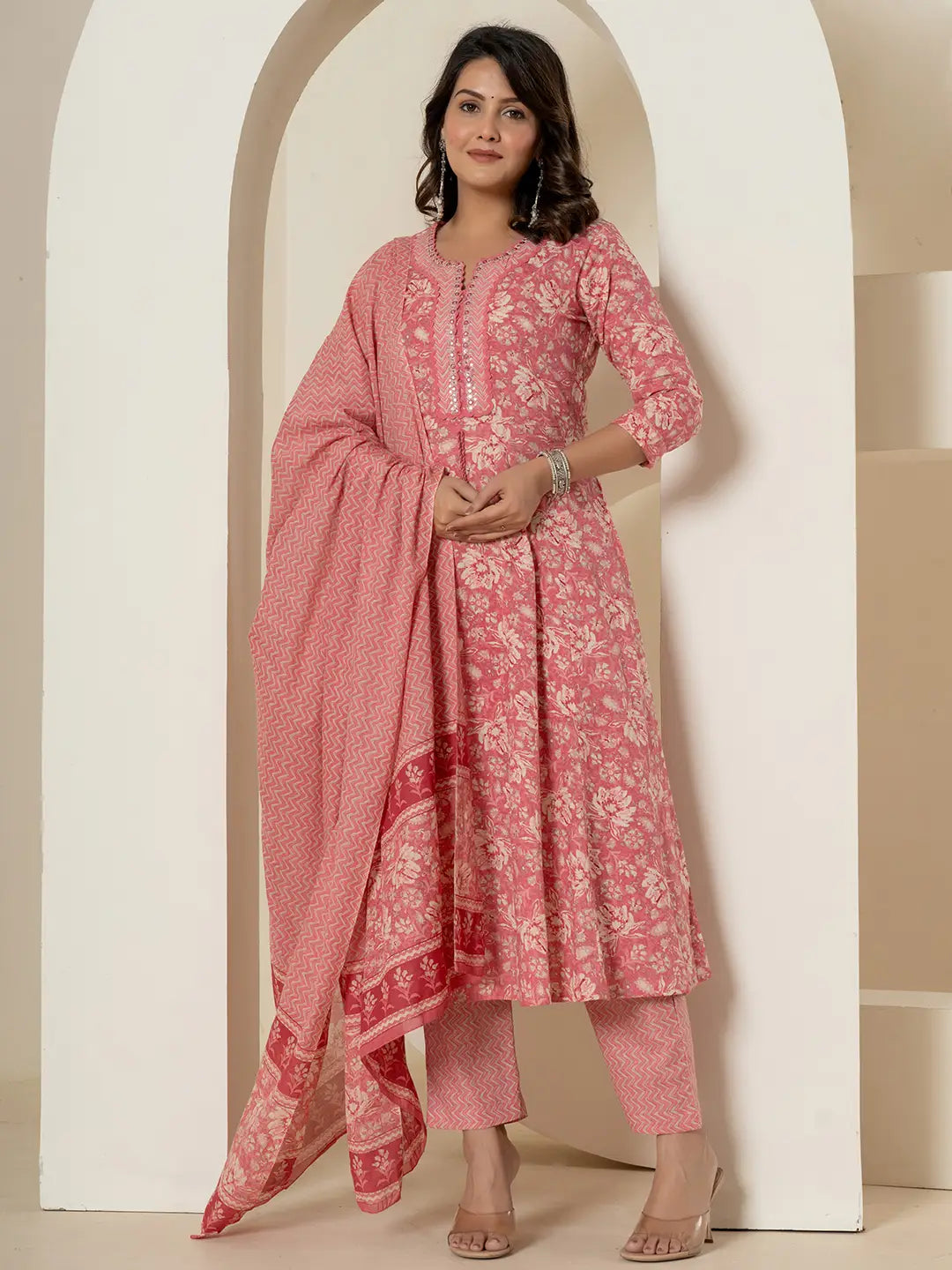 Pink Mirror_Work Cotton Anarkali Kurta Duppta Set-Yufta Store-1895SKDPKS