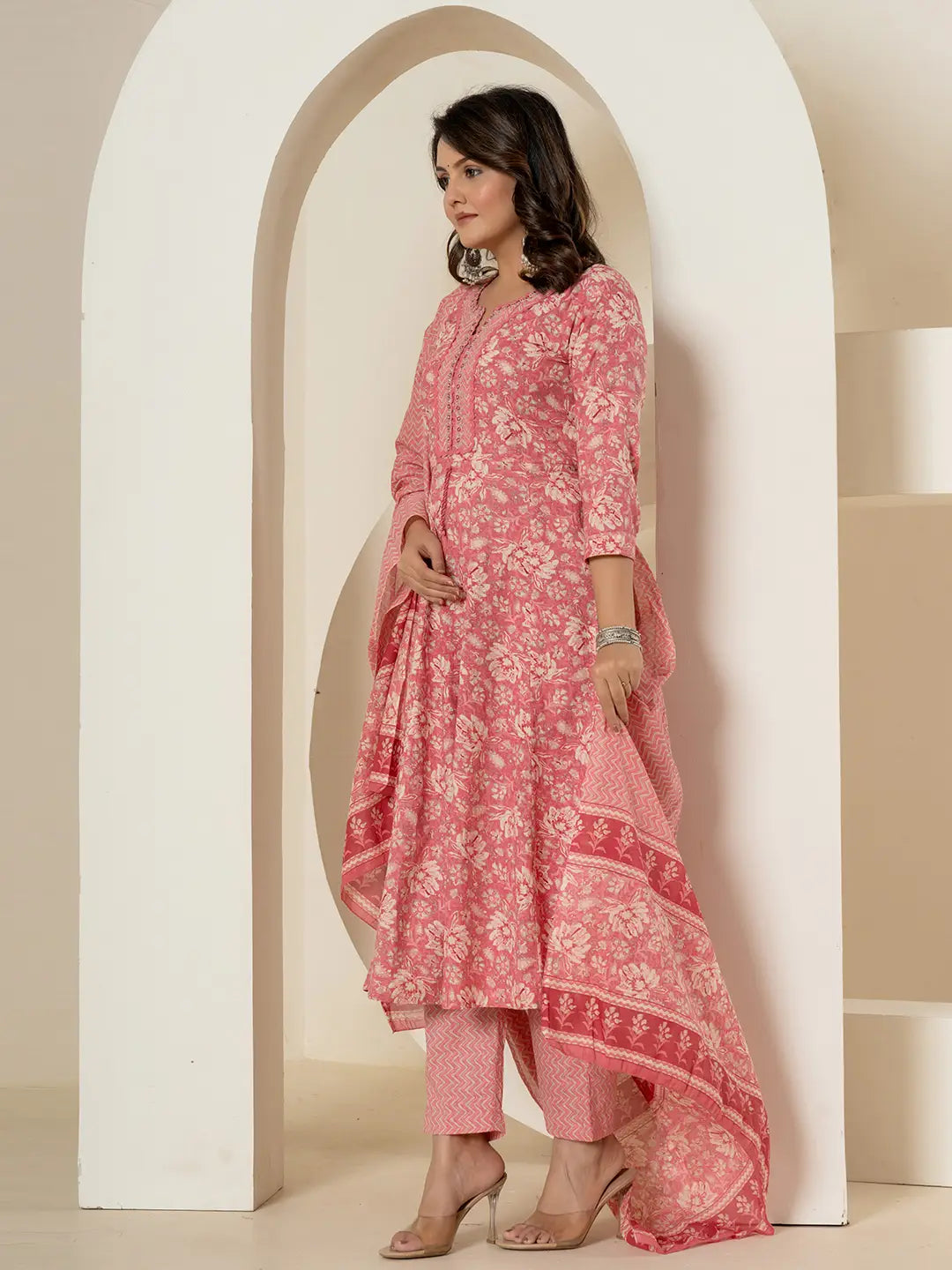 Pink Mirror_Work Cotton Anarkali Kurta Duppta Set-Yufta Store-1895SKDPKS