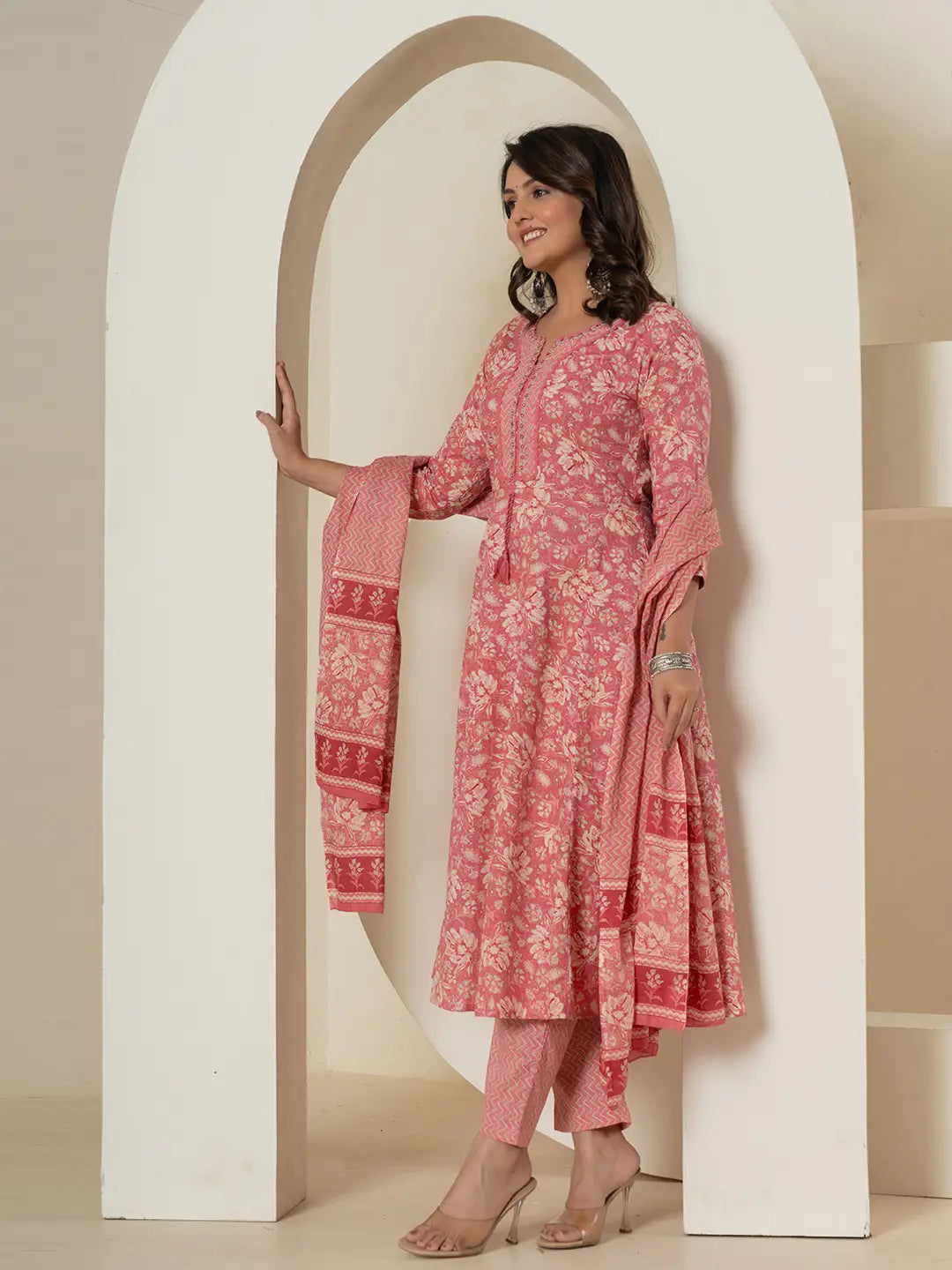 Pink Mirror_Work Cotton Anarkali Kurta Duppta Set-Yufta Store-1895SKDPKS