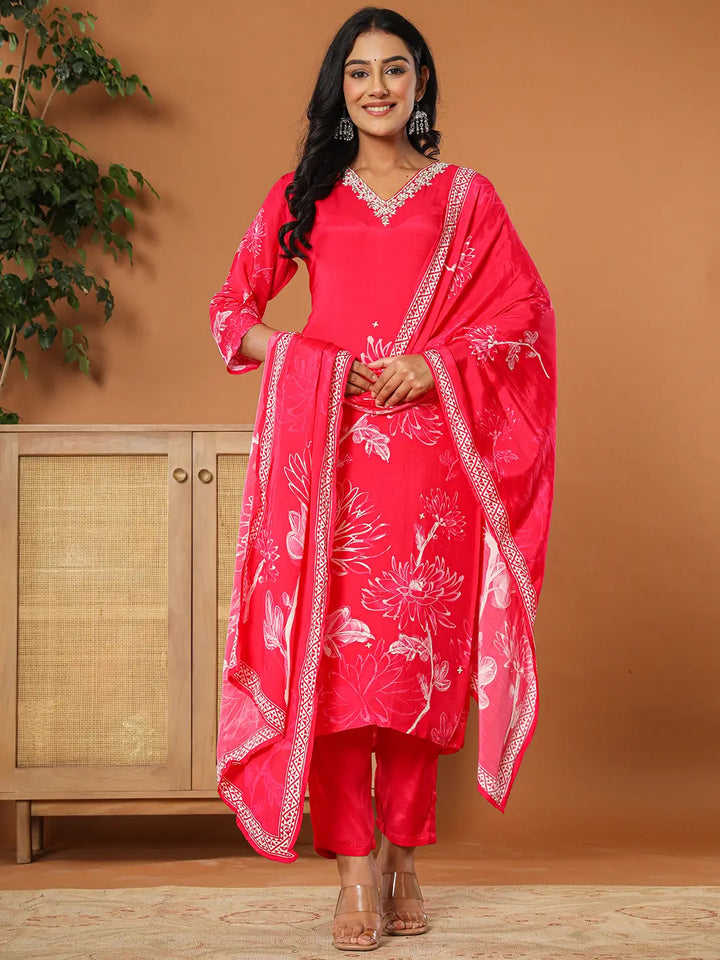 Pink Muslin Hand_Embroidery Kurta Dupatta Pant Set-Yufta Store-6074SKDPKS