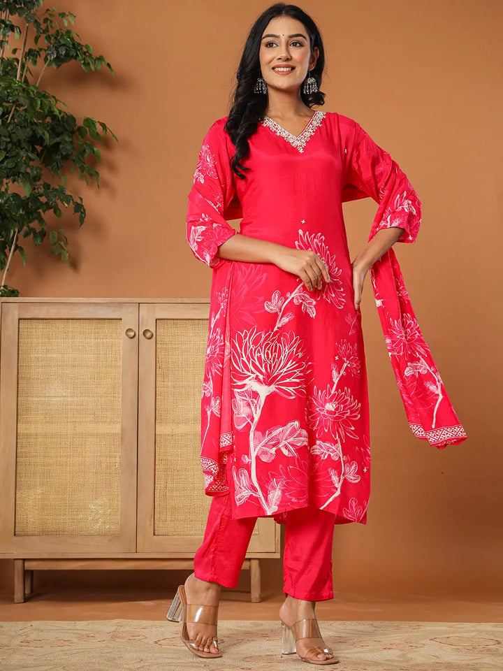 Pink Muslin Hand_Embroidery Kurta Dupatta Pant Set-Yufta Store-6074SKDPKS