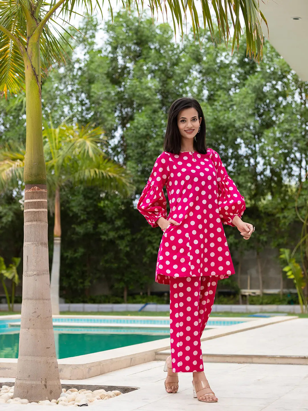 Pink Polka Dot Print Top And Trouser Co Ord Set-Yufta Store-7148CRDPKS