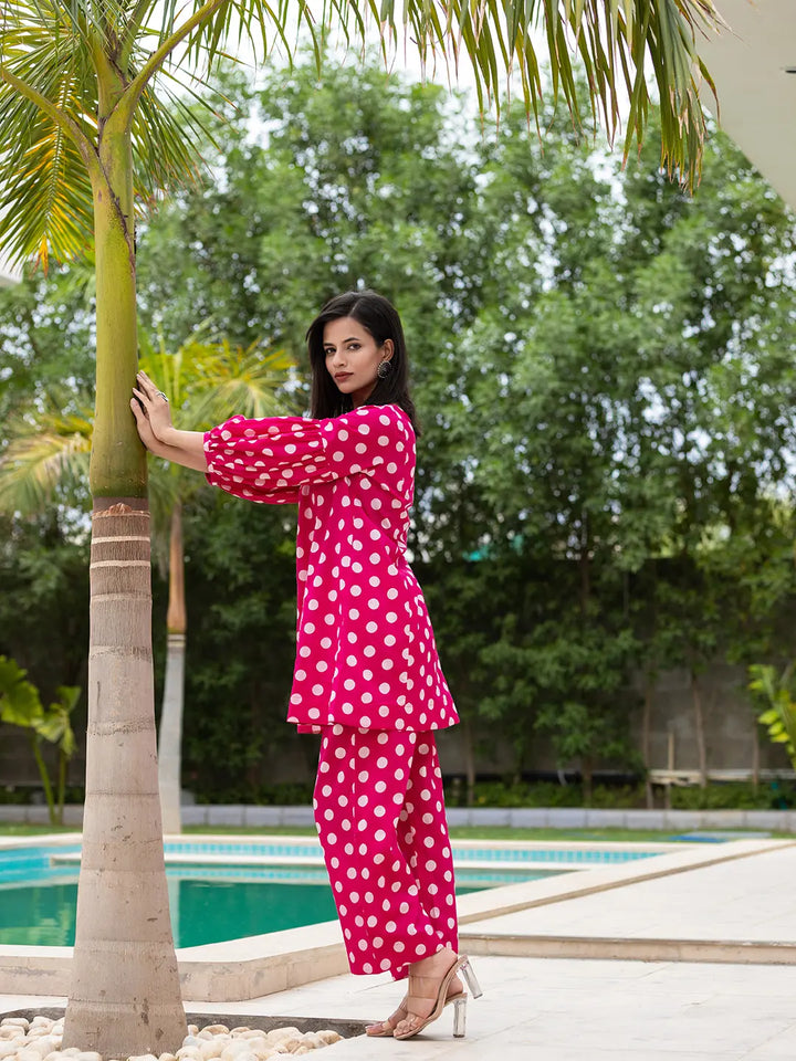 Pink Polka Dot Print Top And Trouser Co Ord Set-Yufta Store-7148CRDPKS