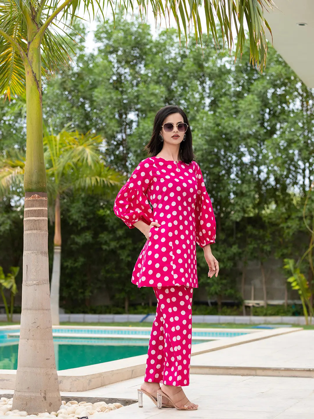 Pink Polka Dot Print Top And Trouser Co Ord Set-Yufta Store-7148CRDPKS