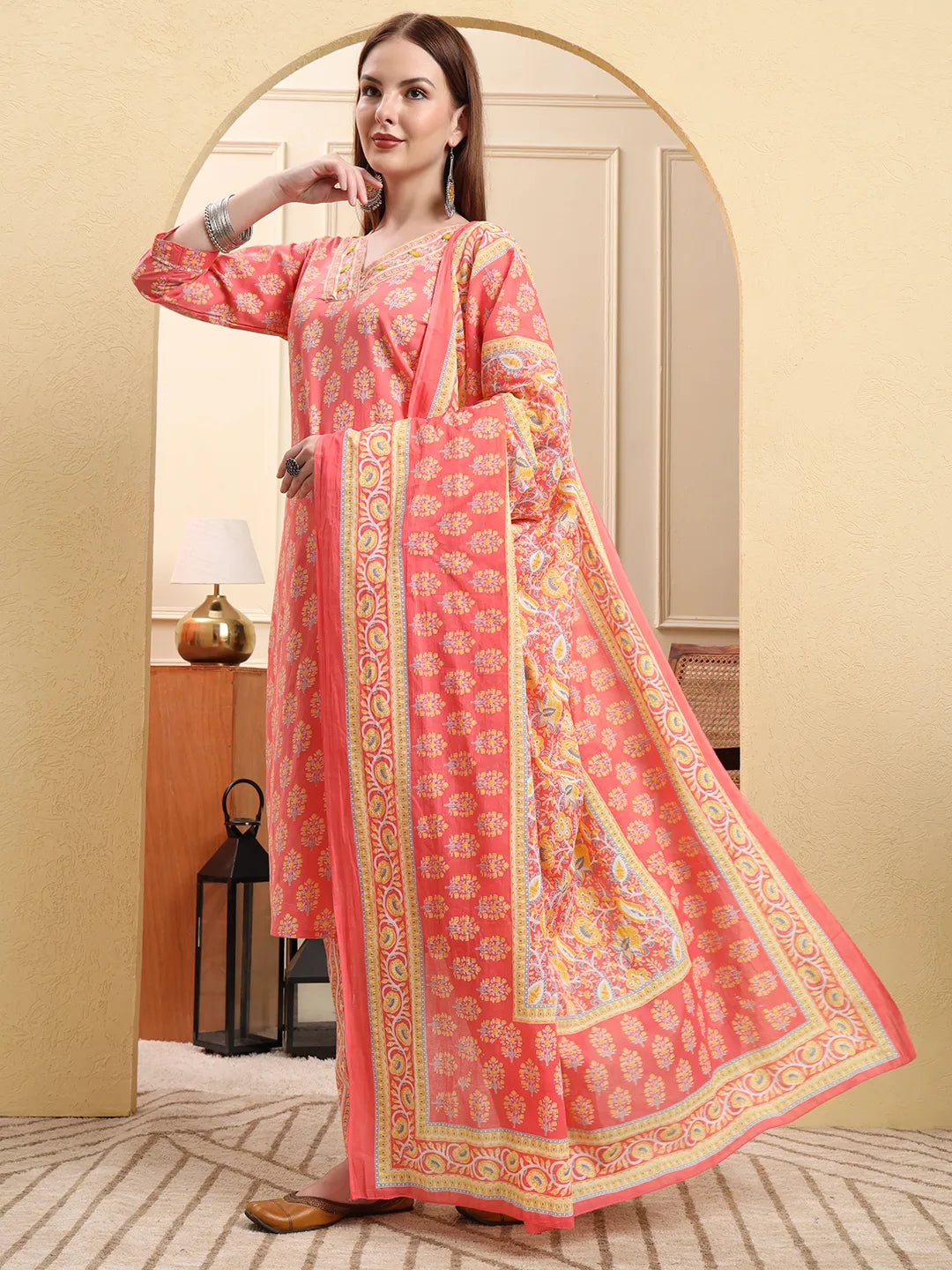 Pink Pure Cotton Beads And Stones Straight Kurta Trouser Dupatta Set-Yufta Store-6651SKDPKM