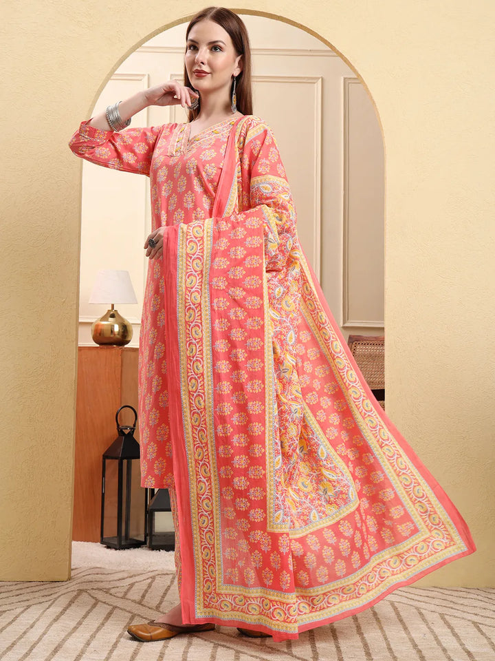 Pink Pure Cotton Beads And Stones Straight Kurta Trouser Dupatta Set-Yufta Store-6651SKDPKM