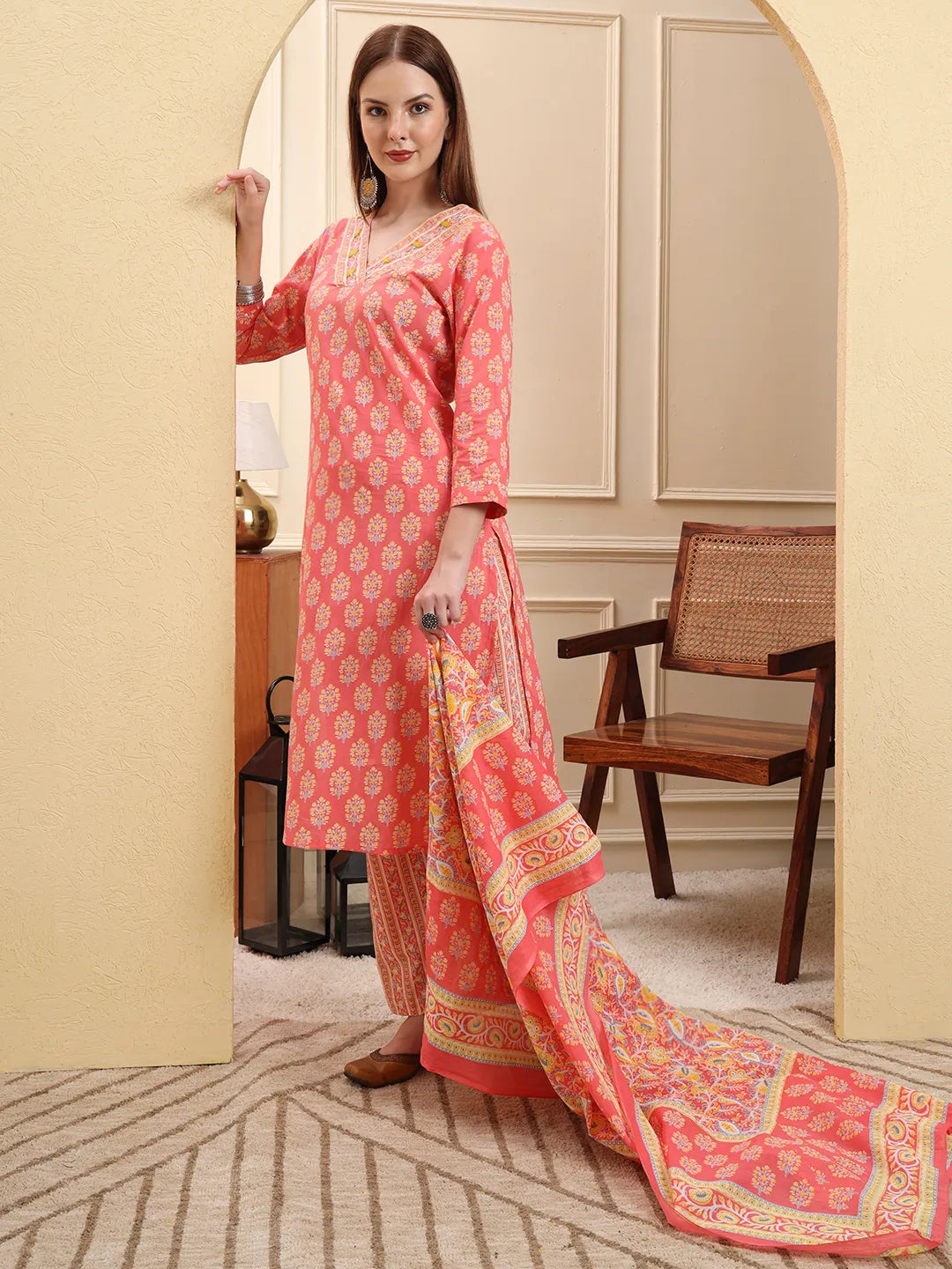 Pink Pure Cotton Beads And Stones Straight Kurta Trouser Dupatta Set-Yufta Store-6651SKDPKM