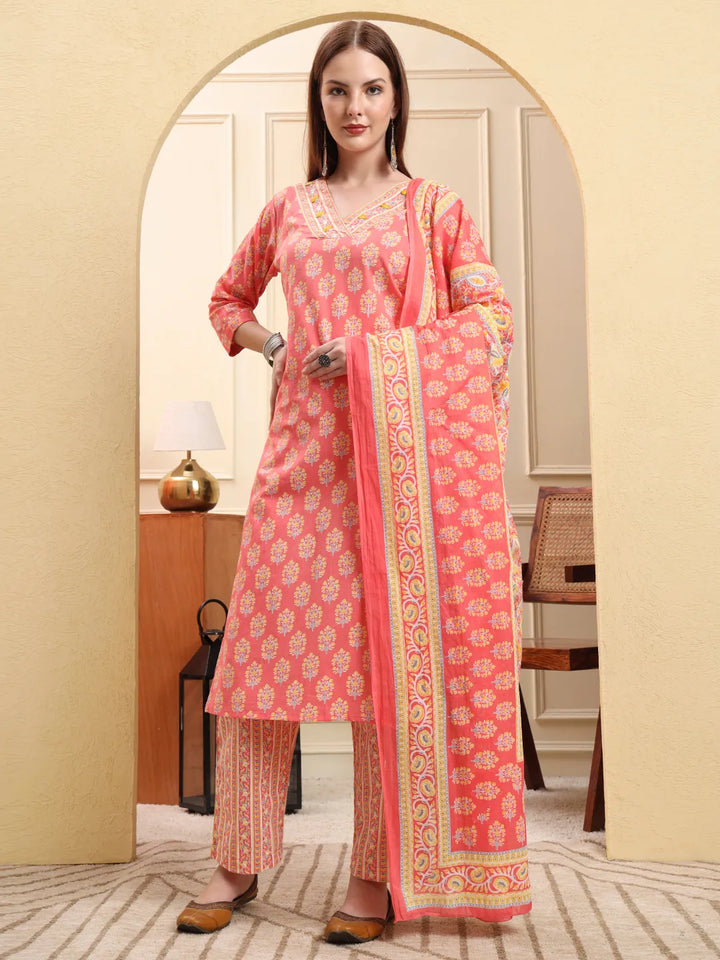 Pink Pure Cotton Beads And Stones Straight Kurta Trouser Dupatta Set-Yufta Store-6651SKDPKM