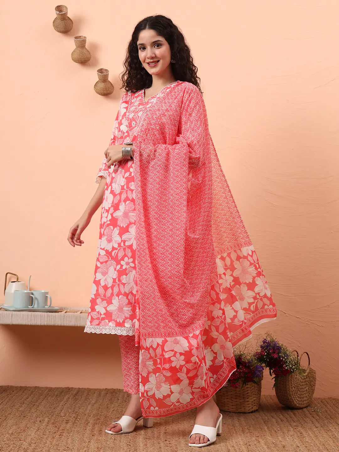Pink Pure Cotton Ethnic Motifs Straight Kurta Pant Set-Yufta Store-6460SKDPKM