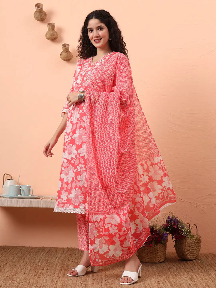 Pink Pure Cotton Ethnic Motifs Straight Kurta Pant Set-Yufta Store-6460SKDPKM