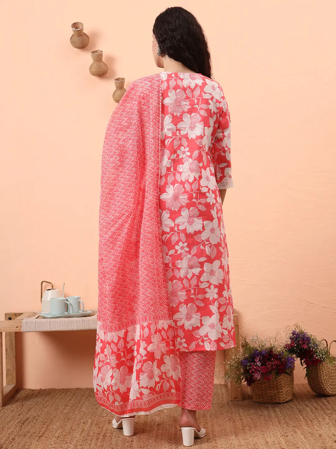 Pink Pure Cotton Ethnic Motifs Straight Kurta Pant Set-Yufta Store-6460SKDPKM