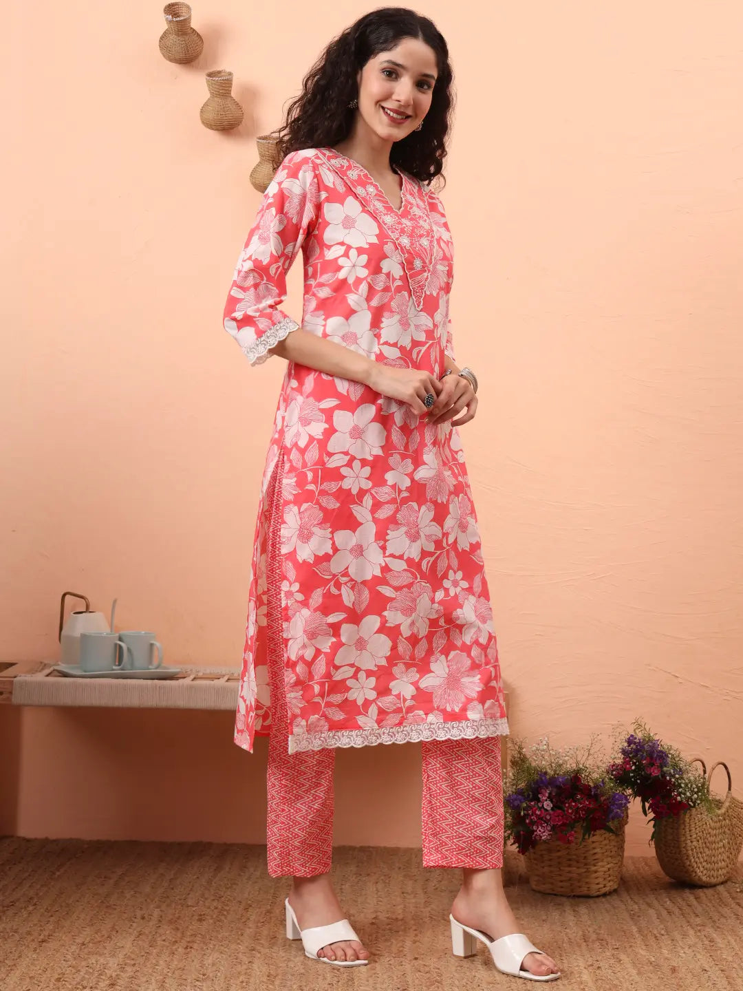 Pink Pure Cotton Ethnic Motifs Straight Kurta Pant Set-Yufta Store-6460SKDPKM