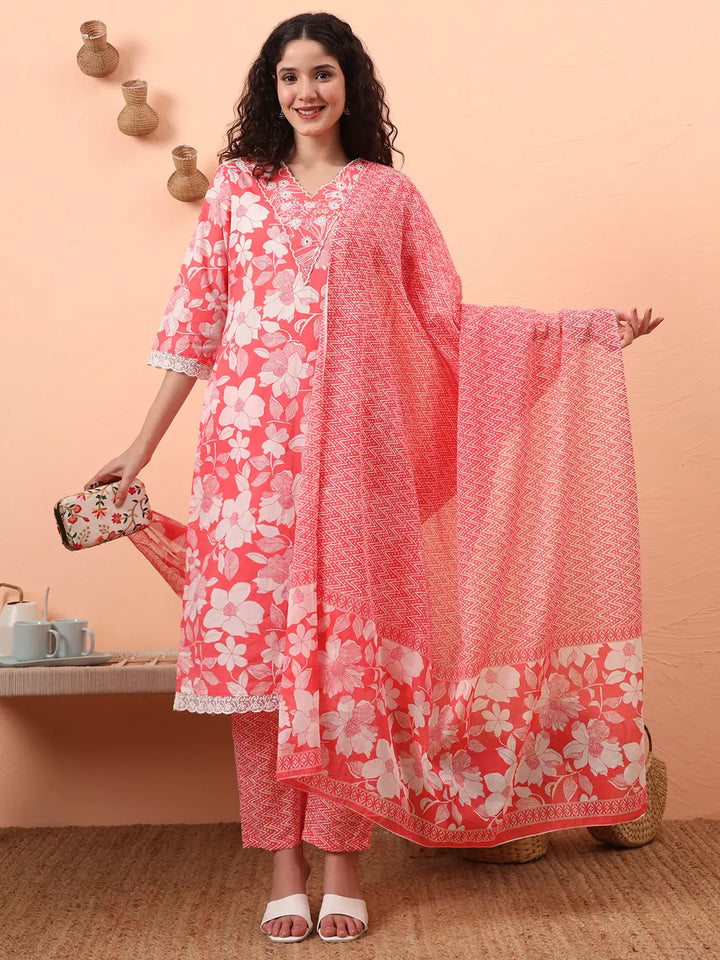 Pink Pure Cotton Ethnic Motifs Straight Kurta Pant Set-Yufta Store-6460SKDPKM