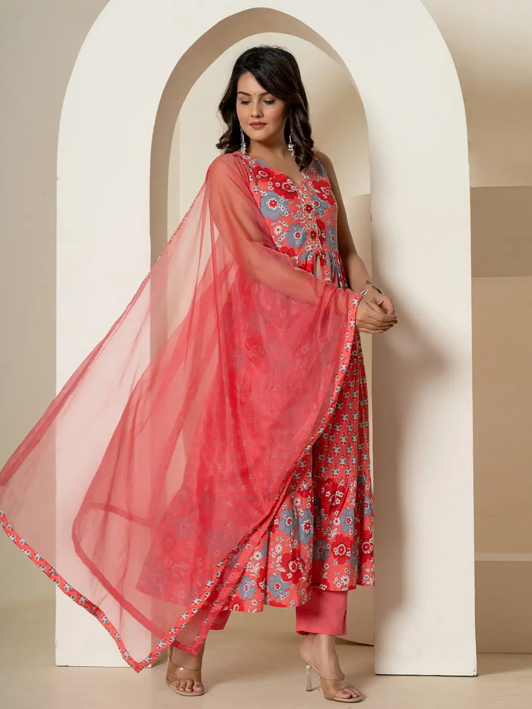 Pink Pure Cotton Fit And Flare Tiered Kurta Trouser & Dupatta Set-Yufta Store-7037SKDPKS