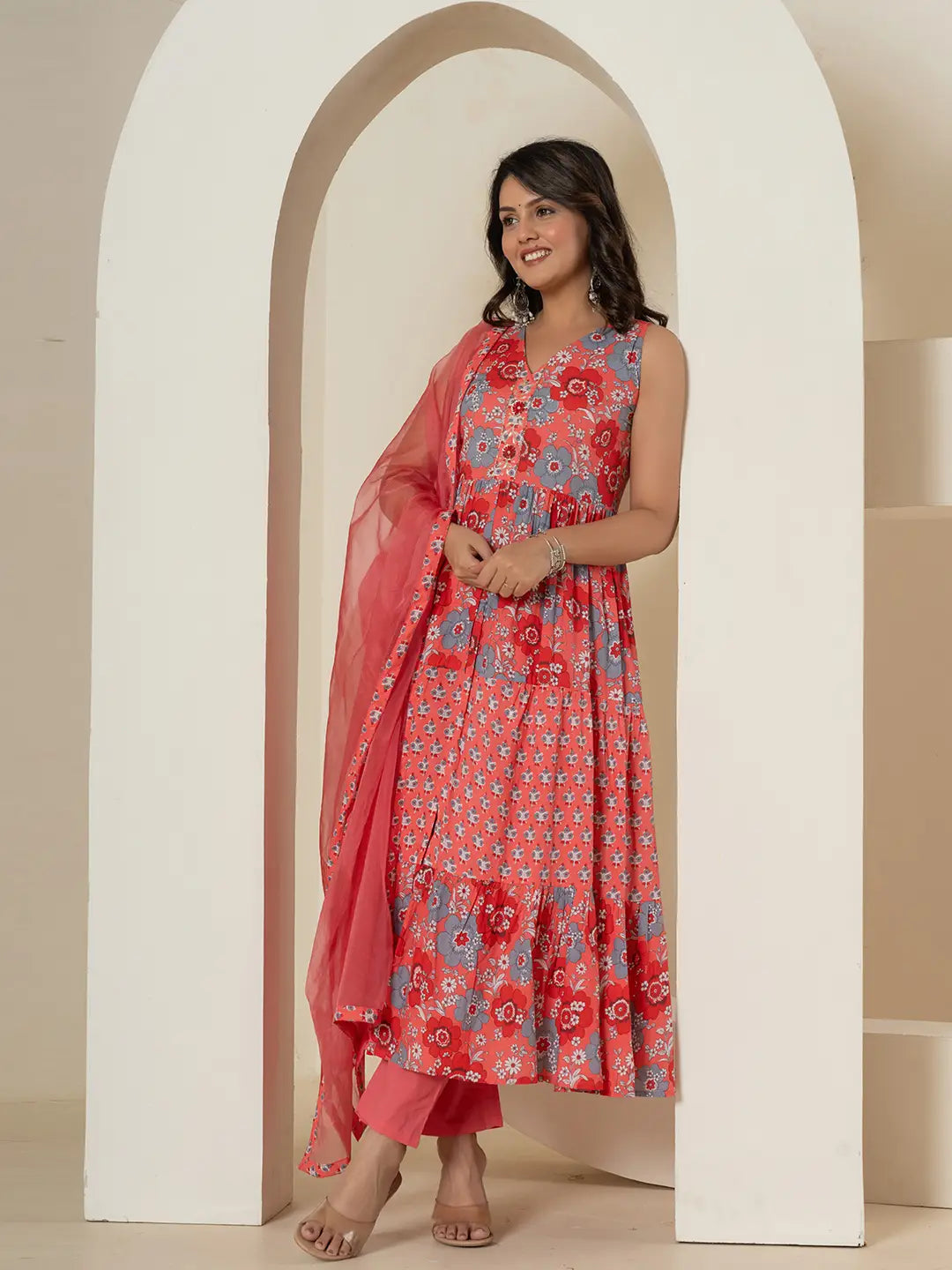 Pink Pure Cotton Fit And Flare Tiered Kurta Trouser & Dupatta Set-Yufta Store-7037SKDPKS