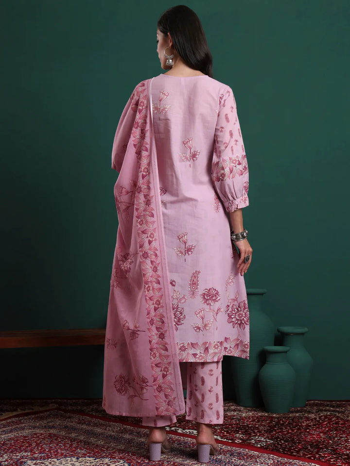 Pink Pure Cotton Floral Beads And Stones Kurta Pants & Dupatta Set
