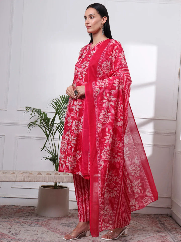 Pink Pure Cotton Floral Print Kantha Work Straight Kurta Pant Set-Yufta Store-6455SKDPKM