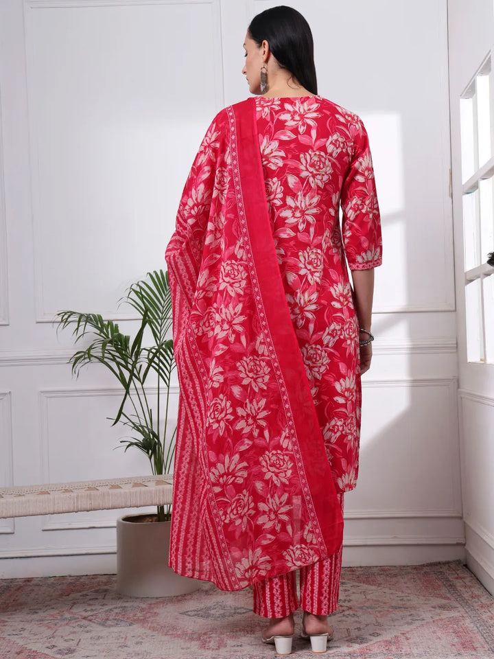Pink Pure Cotton Floral Print Kantha Work Straight Kurta Pant Set-Yufta Store-6455SKDPKM
