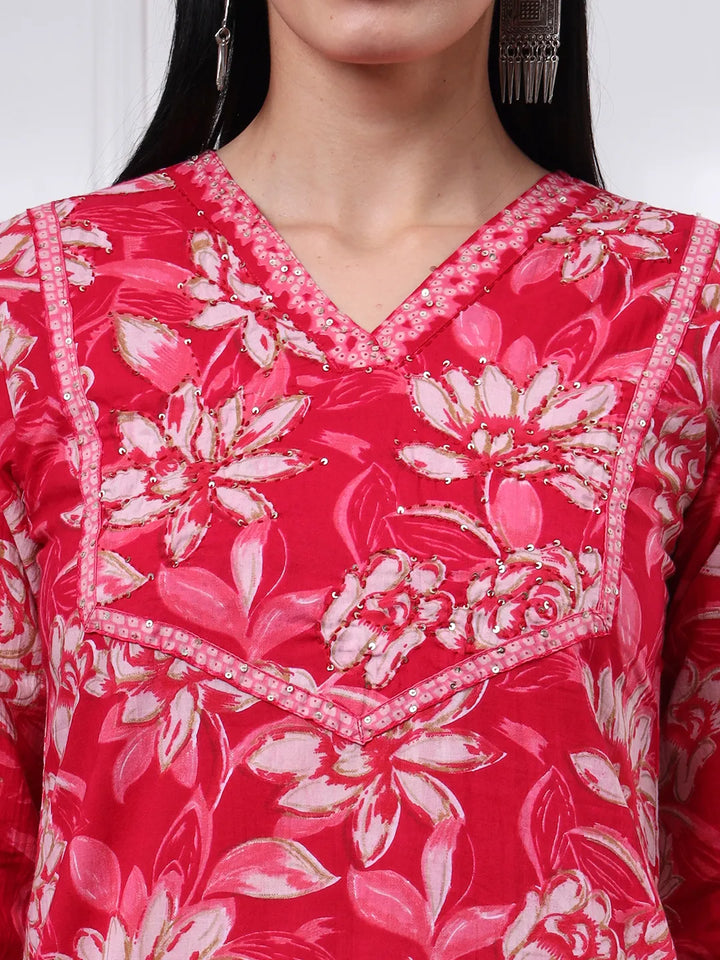 Pink Pure Cotton Floral Print Kantha Work Straight Kurta Pant Set-Yufta Store-6455SKDPKM