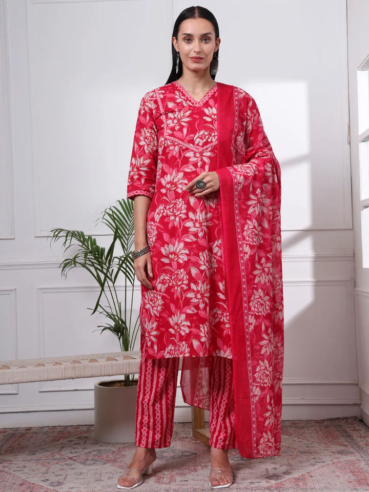 Pink Pure Cotton Floral Print Kantha Work Straight Kurta Pant Set-Yufta Store-6455SKDPKM