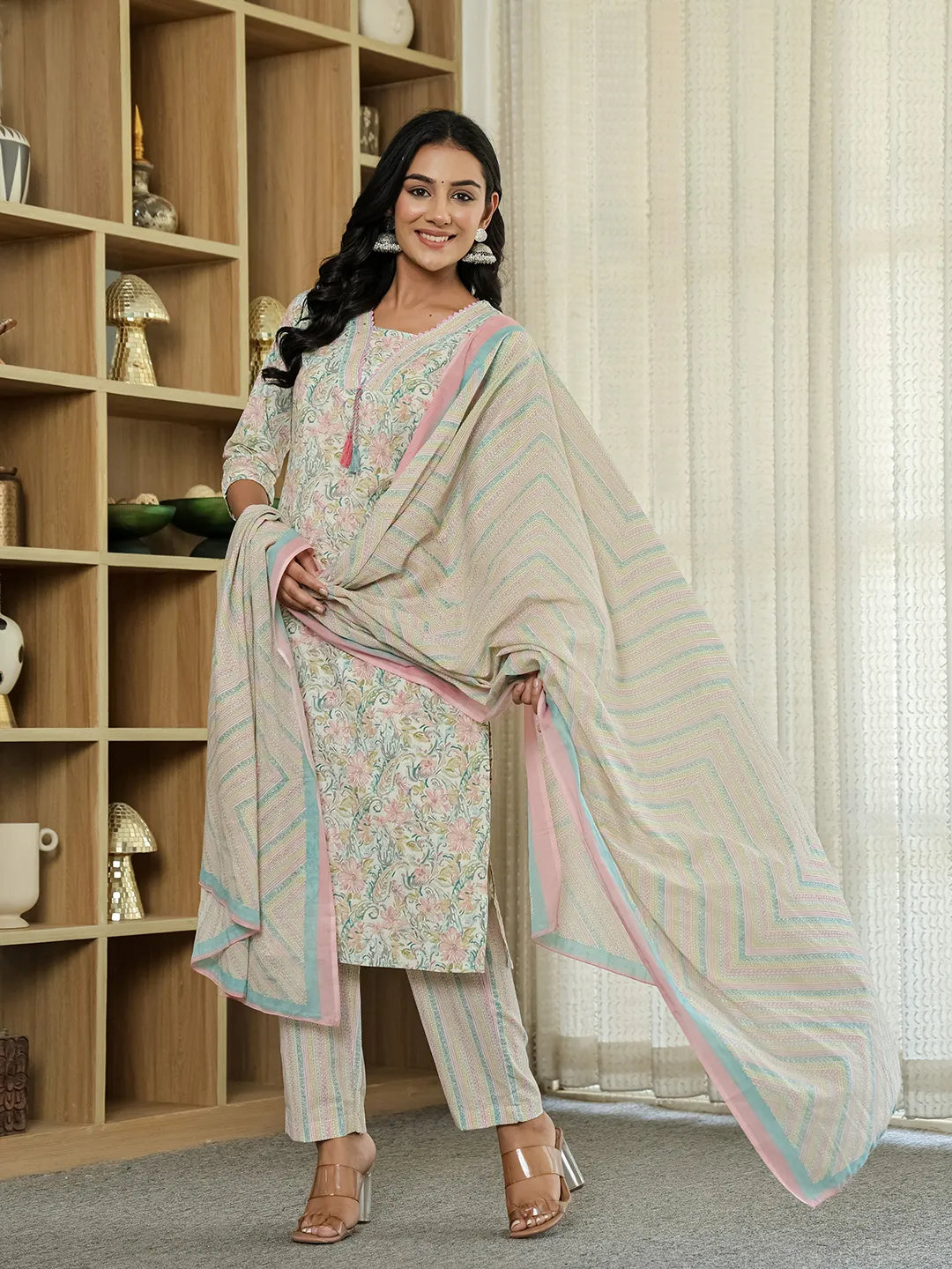 Pink Pure Cotton Floral Print Kurta Dupatta Pant Set-Yufta Store-6544SKDPKM