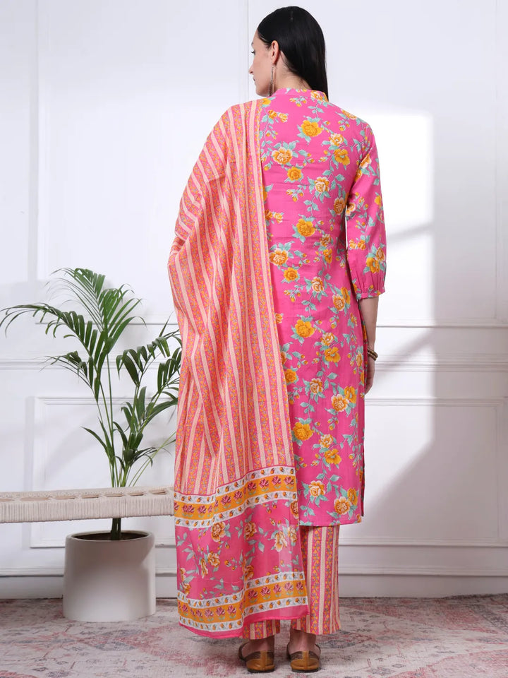 Pink Pure Cotton Floral Sequins Work Kurta Dupatta Pant Set