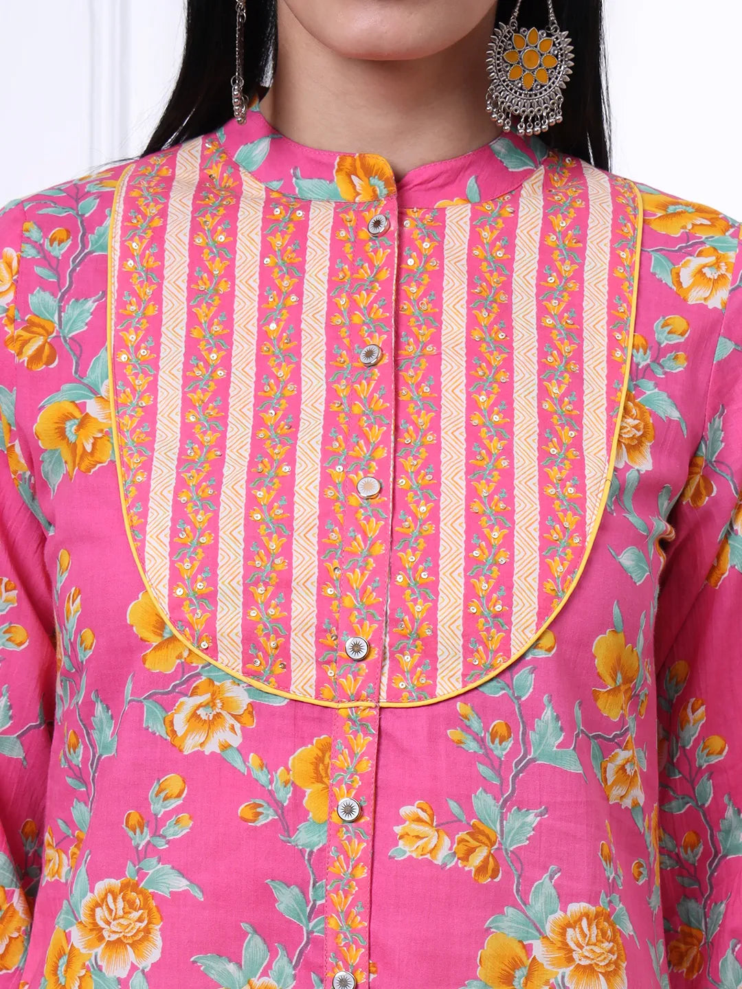 Pink Pure Cotton Floral Sequins Work Kurta Dupatta Pant Set