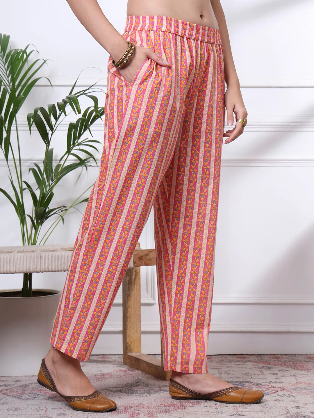 Pink Pure Cotton Floral Sequins Work Kurta Dupatta Pant Set