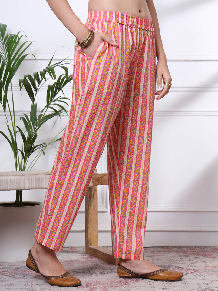 Pink Pure Cotton Floral Sequins Work Kurta Dupatta Pant Set