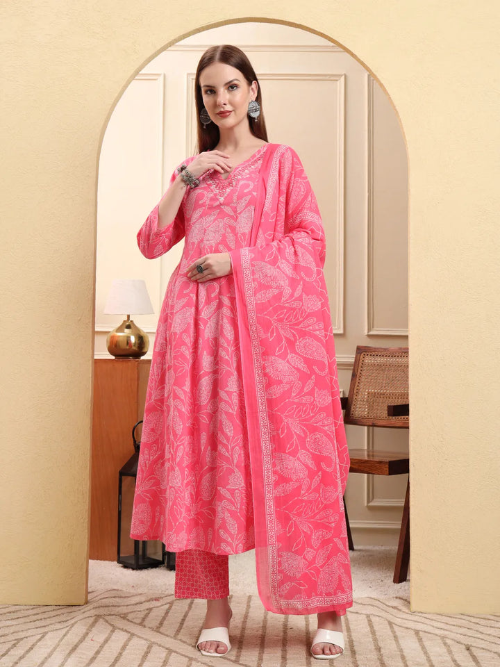 Pink Pure Cotton Floral Thread Work Anarkali Kurta Trouser Dupatta Set