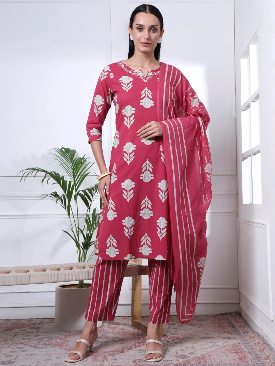 Pink Pure Cotton Floral Thread Work Kurta Dupatta Pant Set