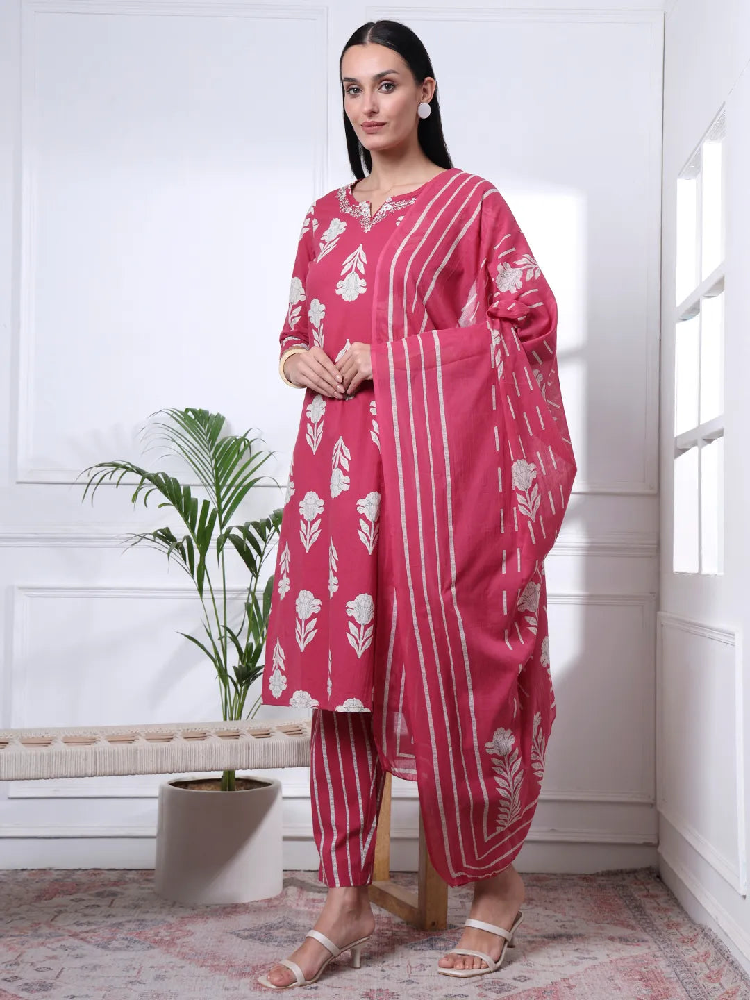 Pink Pure Cotton Floral Thread Work Kurta Dupatta Pant Set