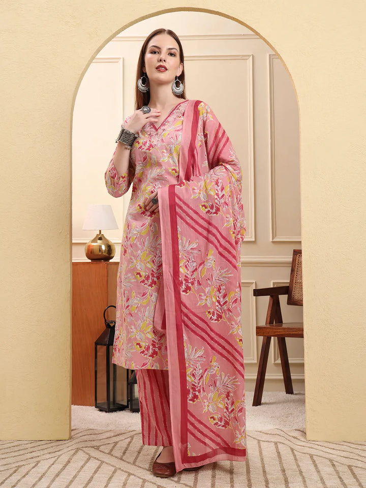 Pink Pure Cotton Floral Thread Work Straight Kurta Trouser Dupatta Set