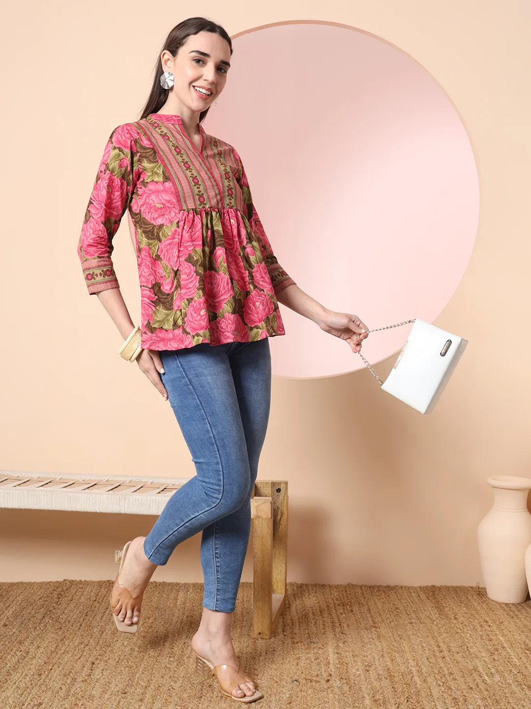 Pink Pure Cotton Gathered Or Pleated Top-Yufta Store-6253TOPPKS